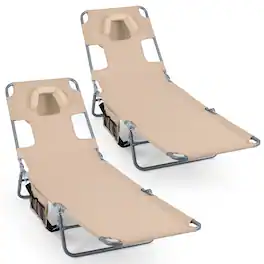 Gymax - 2PCS Tanning ChairFolding Beach Lounge Chair w/5-Position Adjustable Backrest - Beige