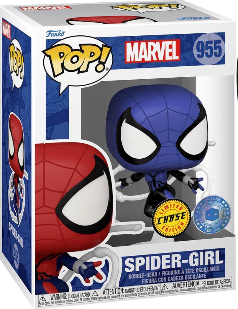 Funko POP! MARVEL 955  
SPIDER-GIRL  
LIMITED CHASE EDITION  
EXCLUSIVE  

SPIDER-GIRL  
BOBBLE-HEAD / FIGURINE À TÊTE OSCILLANTE  
FIGURA CON CABEZA OSCILANTE  

WARNING: CHOKING HAZARD - Small parts. Not suitable for children under 36 months.  
ATTENTION: DANGER D'ÉTOUFFEMENT - Petites pièces. Ne convient pas aux enfants de moins de 36 mois.  
ADVERTENCIA: PEQUEÑAS PIEZAS. NO ES ADECUADO PARA NIÑOS MENORES DE 36 MESES.