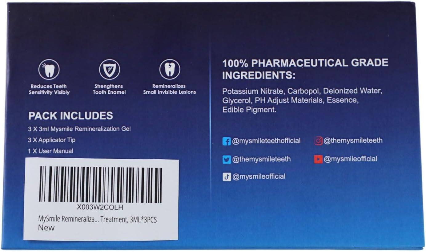 Reduces Teeth Sensitivity Visibly, Strengthens Tooth Enamel, PACK INCLUDES 3 X 3ml Mysmile Remineralization Gel, 3 X Applicator Tip, 1 X User Manual, 100% PHARMACEUTICAL GRADE INGREDIENTS: Remineralizes Small Invisible Lesions, Potassium Nitrate, Carbopol, Deionized Water, Glycerol, PH Adjust Materials, Essence, Edible Pigment, f @mysmileteethofficial, @themysmileteeth, @themysmileteeth, @mysmileofficial, c @mysmileofficial, X003W2COLH, MySmile Remineraliza... Treatment, *3PCS New