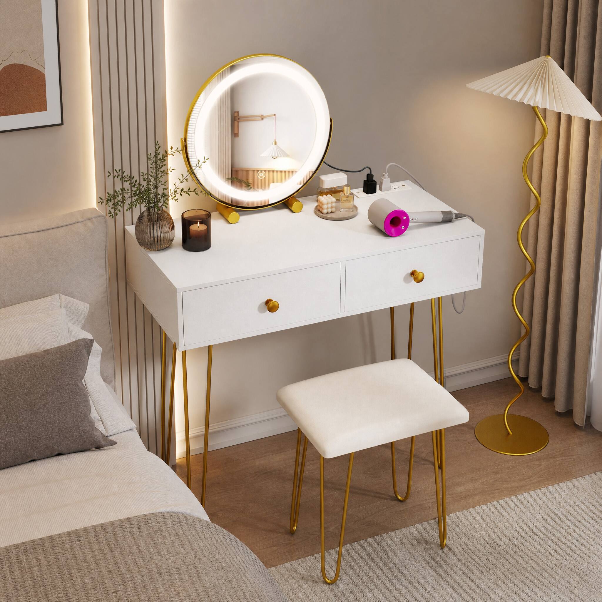 Alt View 4. WELLFOR - Makeup Vanity Desk with LED Lighted Mirror & Charging Station,Vanity Table Set with Stool,Vanity Mirror with Desk - White.