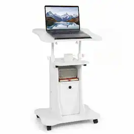 Costway - Mobile Podium Stand Office Laptop Cart with Storage Adjustable Height - White