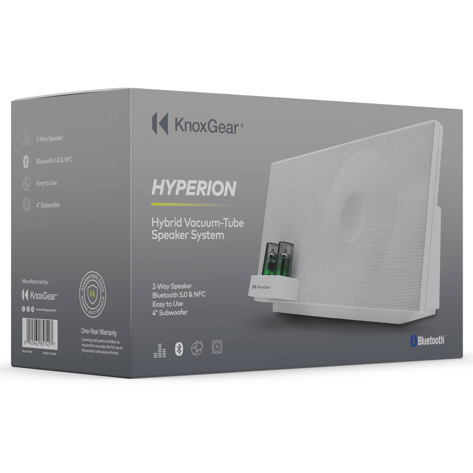 2-Way Speaker  
Bluetooth 5.0 & NFC  
Easy to Use  
4" Subwoofer  

HYPERION  
Hybrid Vacuum-Tube Speaker System  

Manufactured by:  
KnoxGear  

One-Year Warranty  
Covering parts and labor for any defects in materials or workmanship.  

2-Way Speaker  
Bluetooth 5.0 & NFC  
Easy to Use  
4" Subwoofer  

KnoxGear  
www.knoxgear.com  

Bluetooth