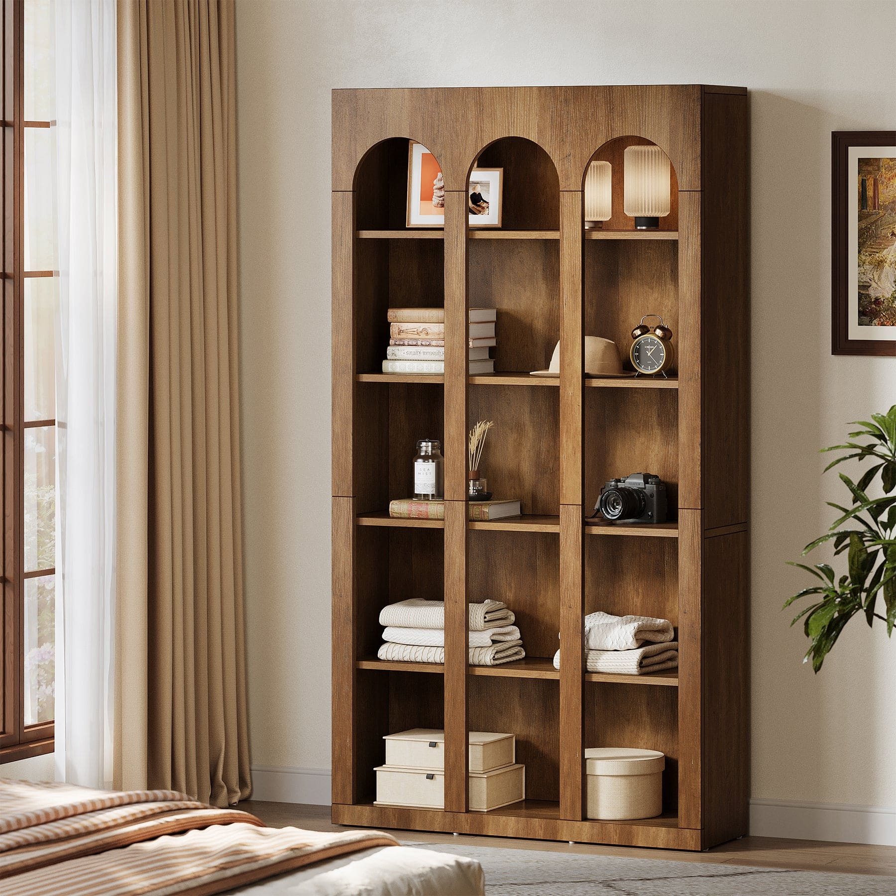 Tribesigns - Farmhouse Bookshelf with Engineered Wood Construction and Storage Shelves for Living Room and Home Office - Brown