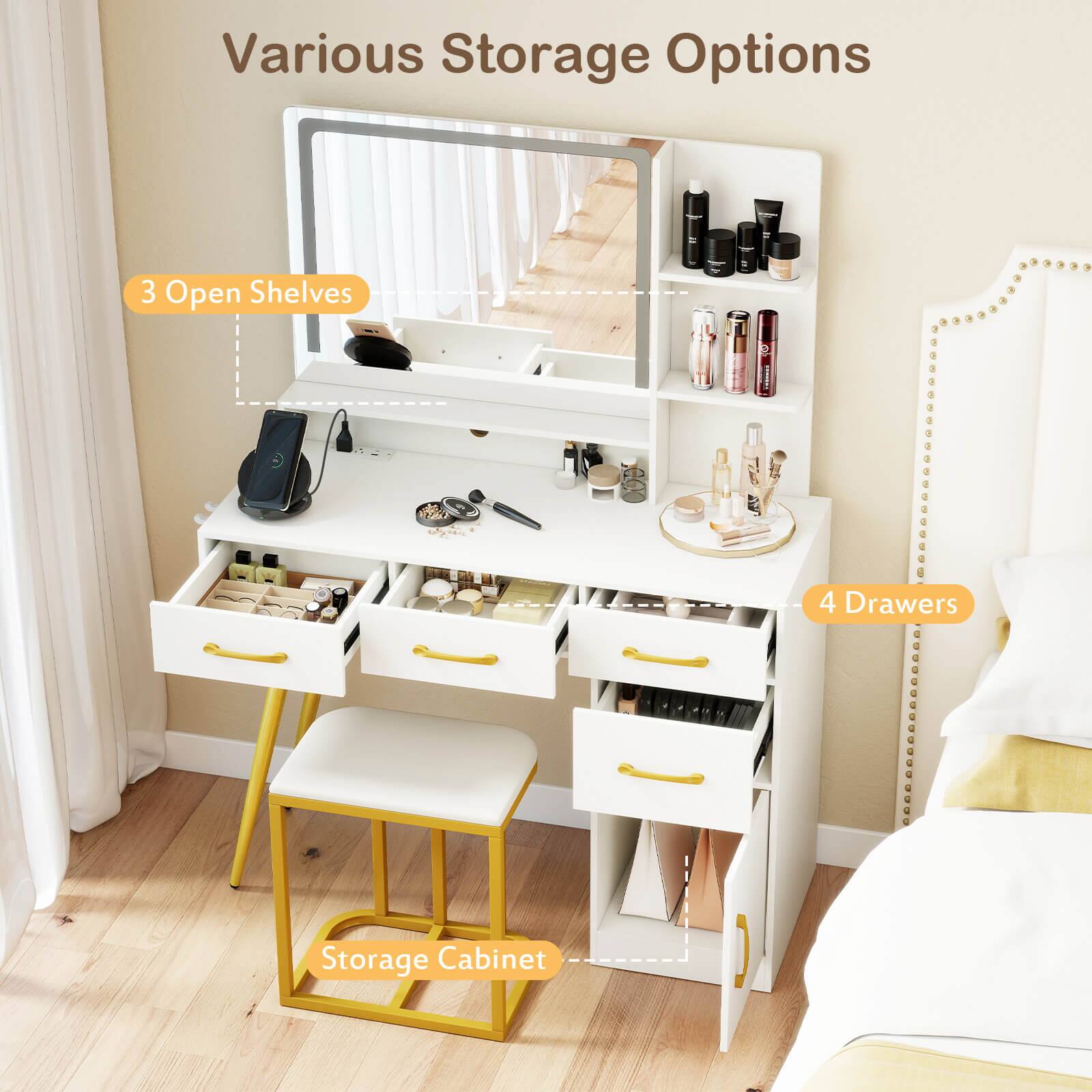 Various Storage Options  
3 Open Shelves  
4 Drawers  
Storage Cabinet