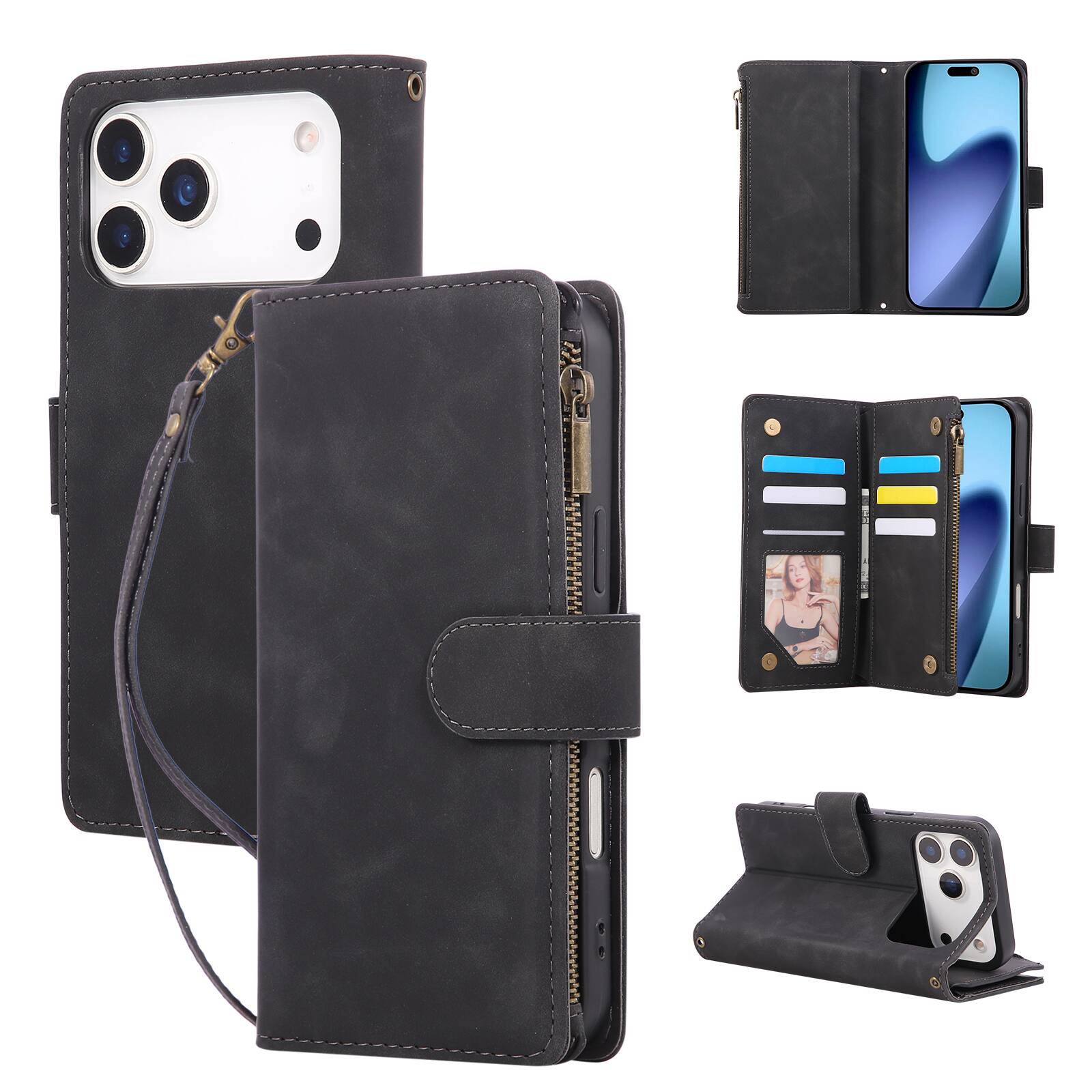 Front. Dteck - Case For Apple iPhone 18 Pro Max PU Leather Magnetic Closure Handbag Stand Zipper Card Slots Wallet Cover With Strap - Black.