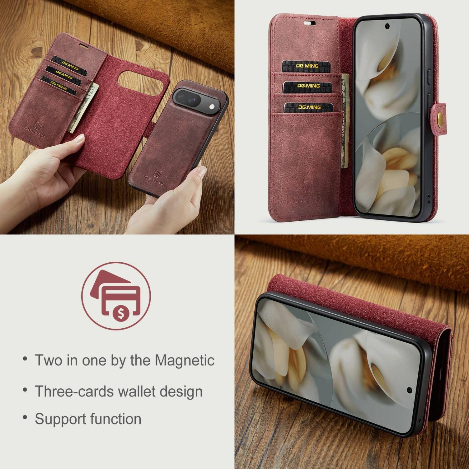ENIM DG DV9M.DG DGMING  
DG.MING DG.MING  
DGMING  
SELMING  
$  
Two in one by the Magnetic  
Three-cards wallet design . function Support