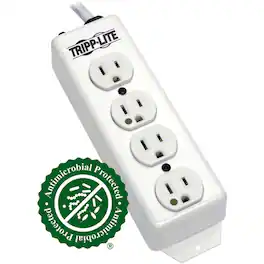 Eaton Tripp Lite Series Safe-IT Medical-Grade Power Strip, UL 1363, 4 Hospital-Grade Outlets, Antimicrobial, 15 ft - White