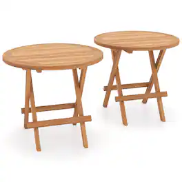 Costway - 2 PCS Patio Folding Side Table Indonesia Teak Wood Round Slatted Tabletop Portable Camping - Natural