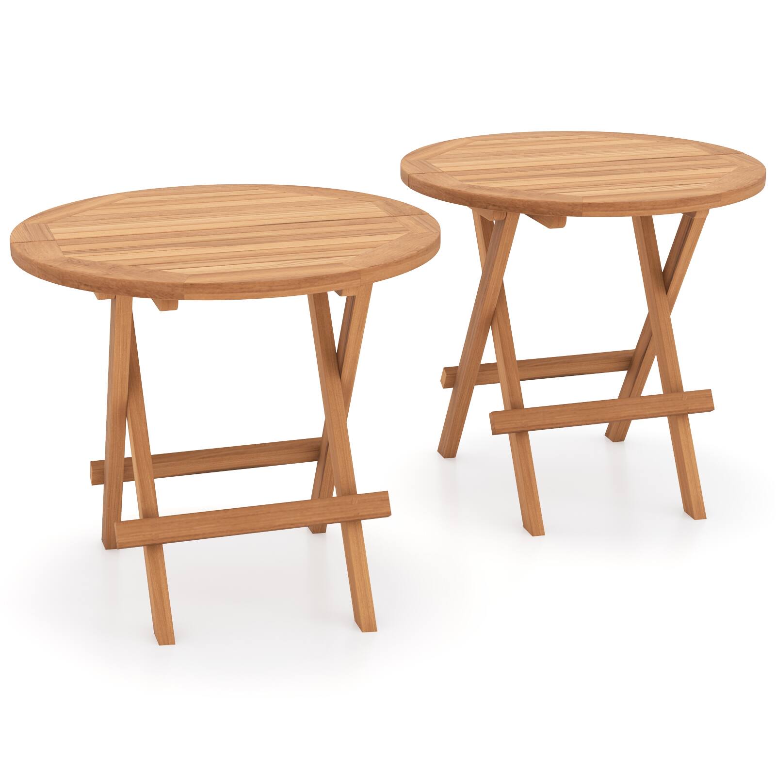 Front. Costway - Costway 2 PCS Patio Folding Side Table Indonesia Teak Wood Round Slatted Tabletop Portable Camping - Natural.