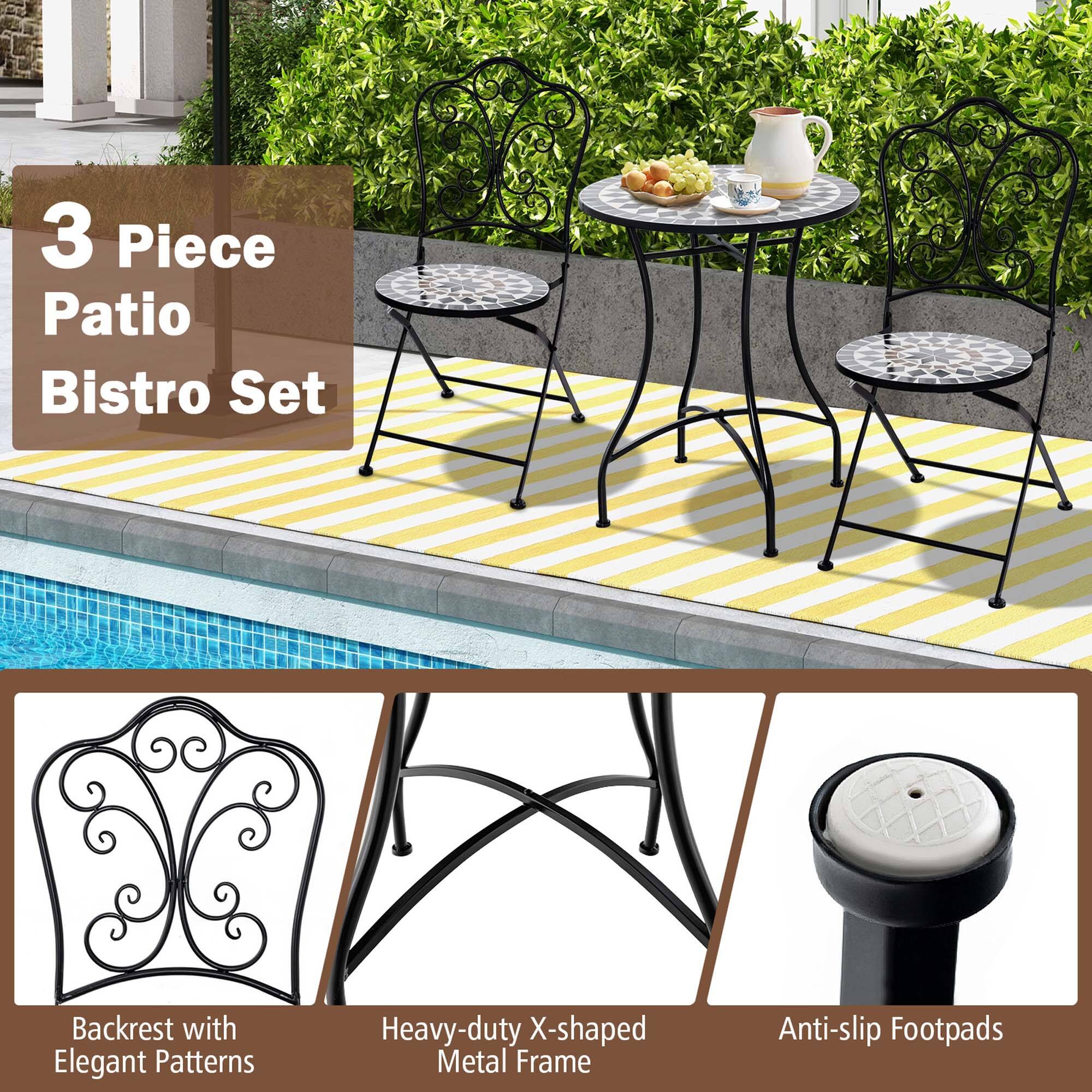 3 Piece Patio Bistro Set

- Backrest with Elegant Patterns
- Heavy-duty X-shaped Metal Frame
- Anti-slip Footpads