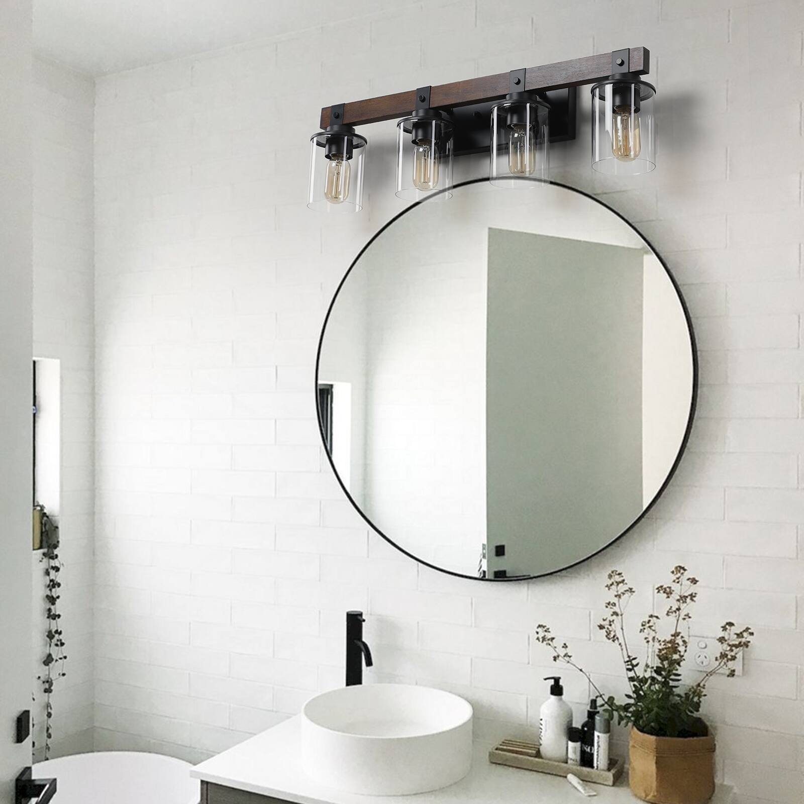 APRILSOUL - 27 Inch Rustic 4-Light Vanity Light Industrial Bathroom Wall Sconce with Glass Shades and Wood Accent No Bulbs