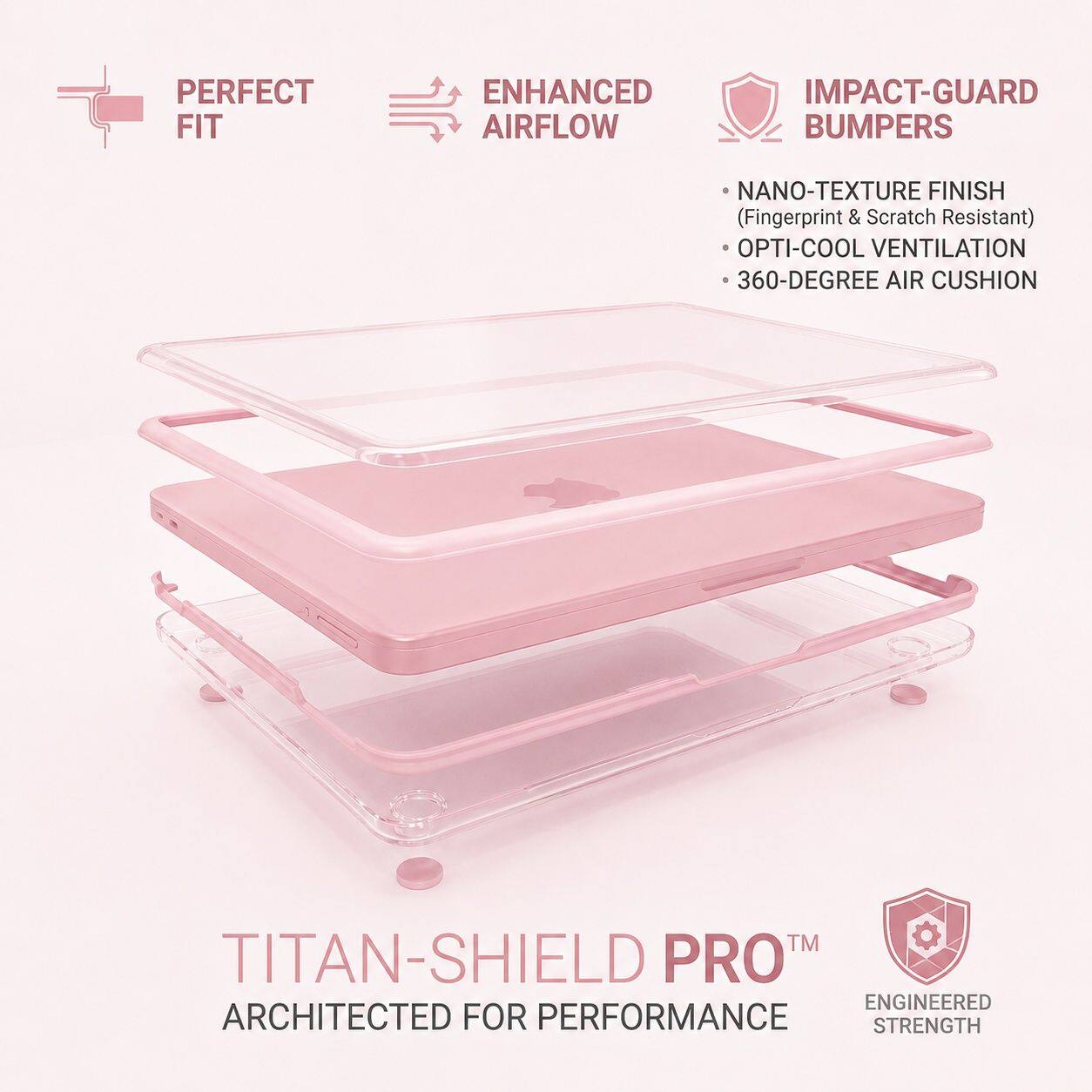 PERFECT FIT  
ENHANCED AIRFLOW  
IMPACT-GUARD BUMPERS  
NANO-TEXTURE FINISH (Fingerprint & Scratch Resistant)  
OPTI-COOL VENTILATION  
360-DEGREE AIR CUSHION  
TITAN-SHIELD PRO  
ENGINEERED FOR PERFORMANCE STRENGTH