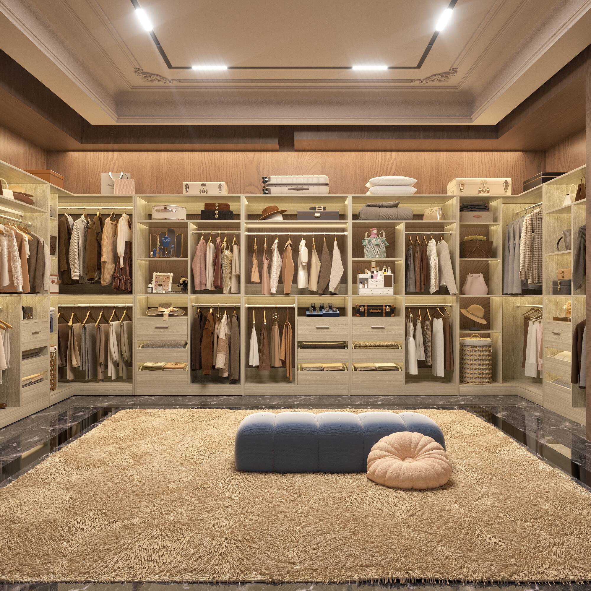 Back. Aheaplus - 6-9 FT L-Shaped Walk-In Closet with 6 Drawers, 6 Hanging Rods & Open Shelves, Heavy Duty Bedroom Wardrobe - White Oak.