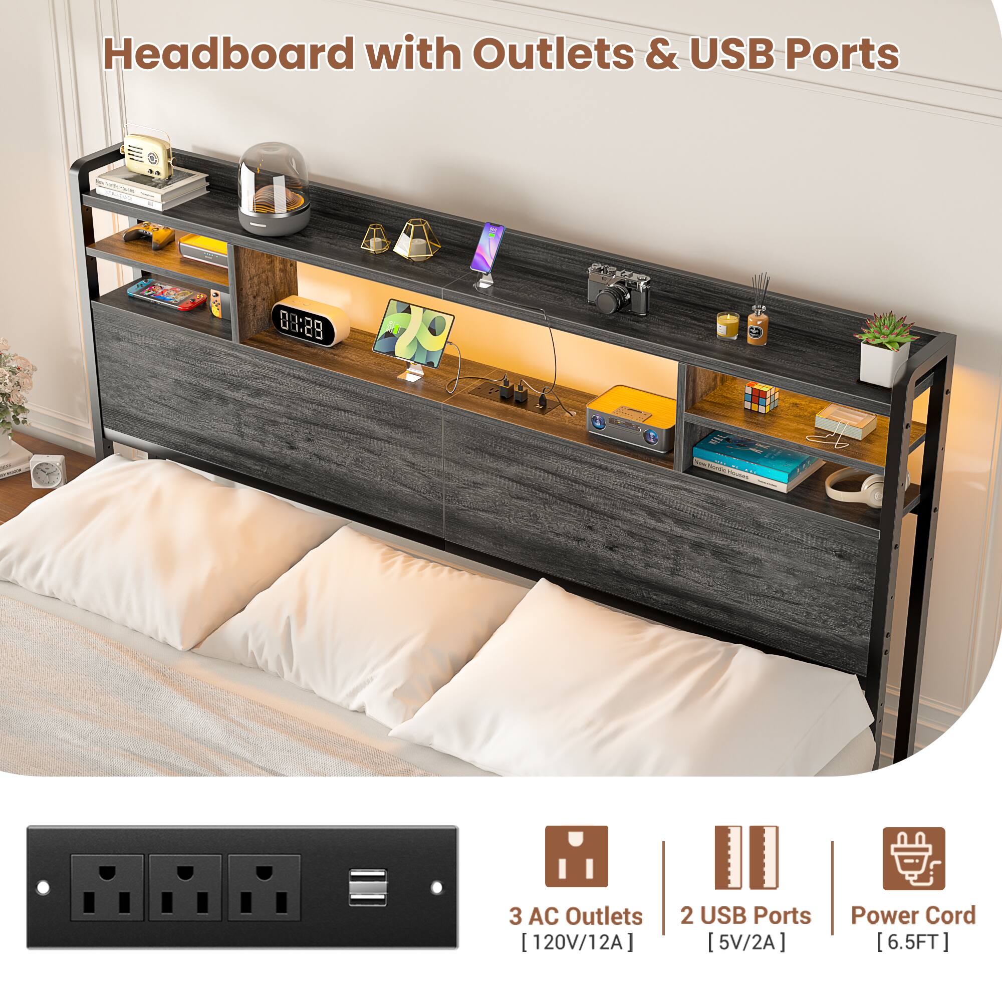 Headboard with Outlets & USB Ports

- 3 AC Outlets [120V/12A]
- 2 USB Ports [5V/2A]
- Power Cord [6.5FT]