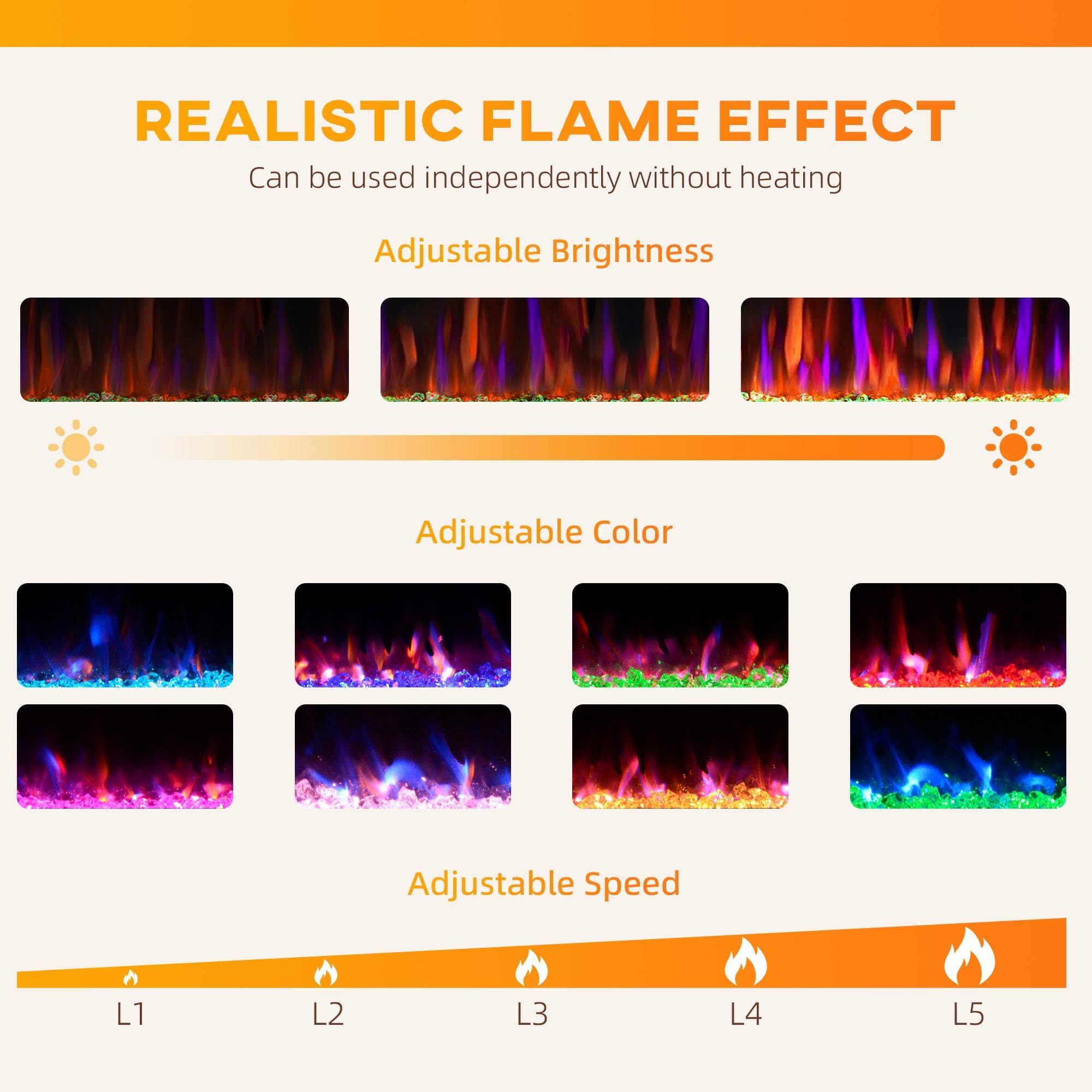 REALISTIC FLAME EFFECT  
Can be used independently without heating  

Adjustable Brightness  

Adjustable Color  

Adjustable Speed  
L1 L2 L3 L4 L5