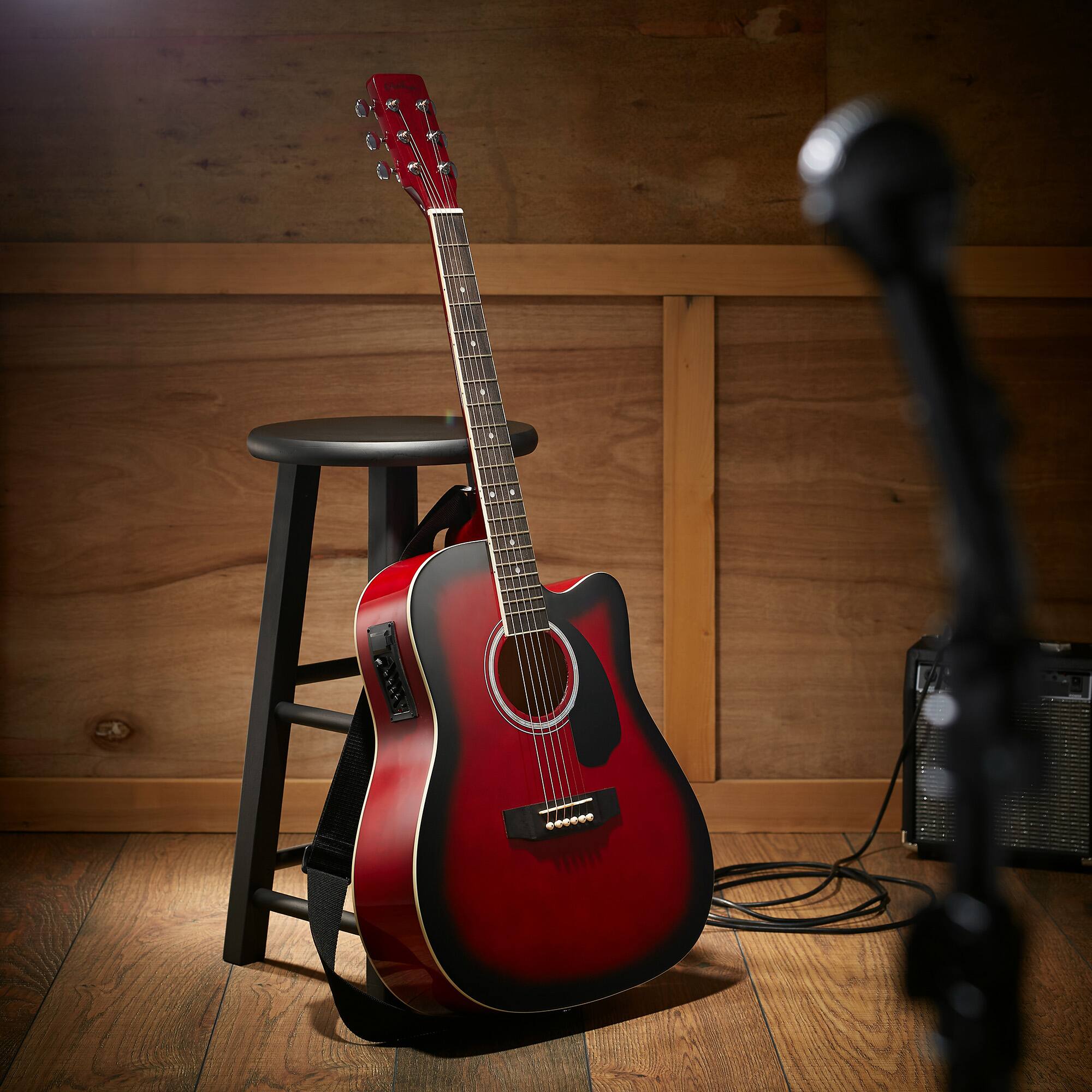 Alt View 1. Ashthorpe - Full-Size Dreadnought Cutaway Acoustic-Electric Guitar Bundle - Red.
