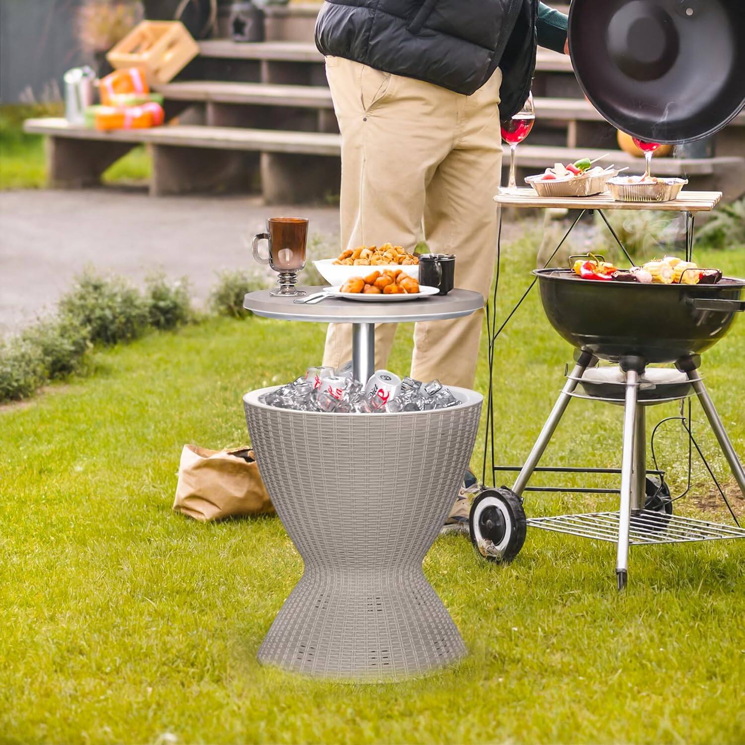 Left. Yardgrace - Outdoor Patio Cooler Bar Table 8Gal With Drain Plug, Adjustable Height Rattan-Style Resin, Pool, Deck, BBQ - Brown.