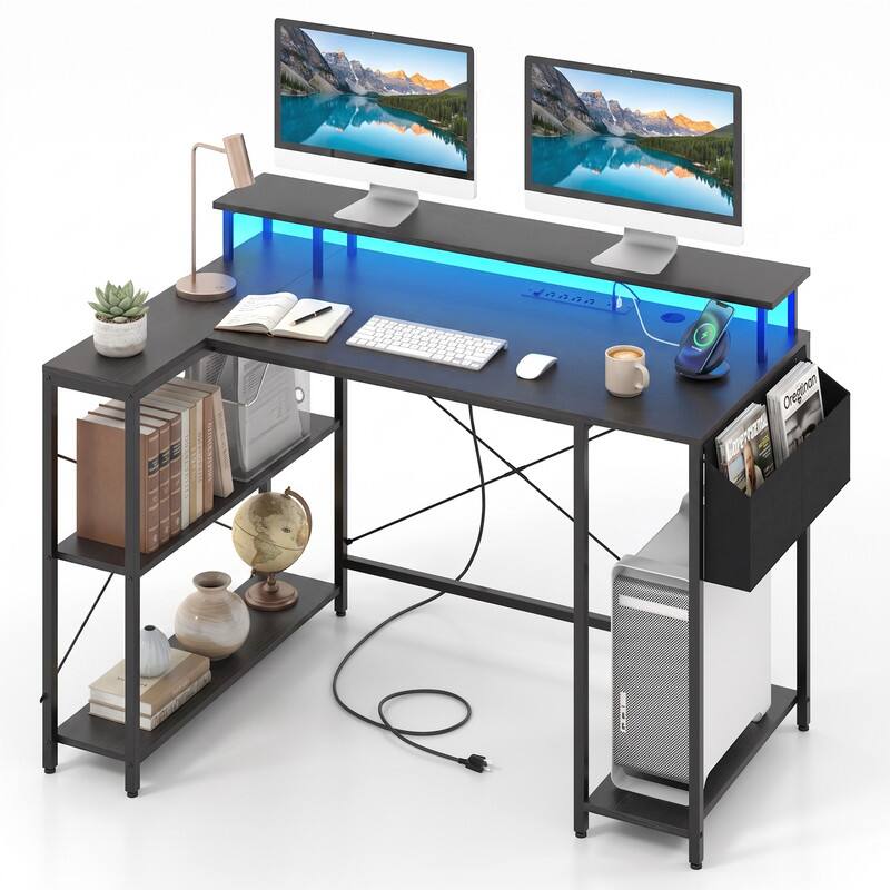 Alt View 6. WELLFOR - 48" Computer Desk with LED Lights and Power Outlets, L Shape Desk Gaming Desk with Open Shelf for Home Office - Black.