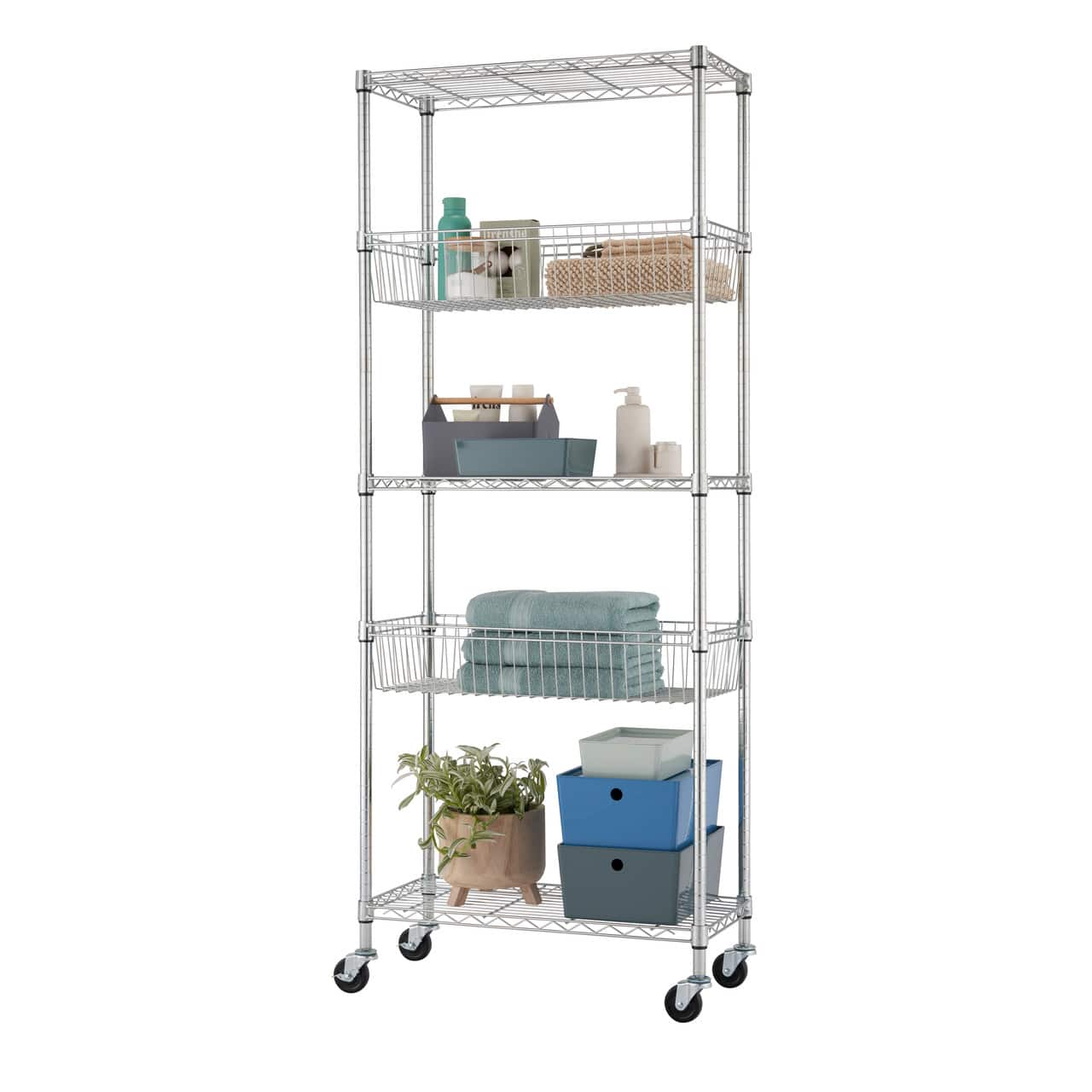 TRINITY - EcoStorage 5-Tier 30x14x72 Modular Commercial Wire Shelving NSF w/ Baskets & Wheels Chrome - Chrome