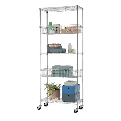 Front. TRINITY - EcoStorage 5-Tier 30x14x72 Modular Commercial Wire Shelving NSF w/ Baskets & Wheels Chrome - Chrome.