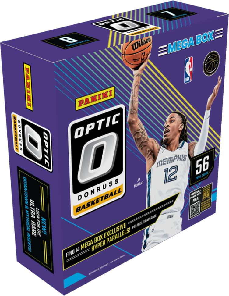 Sure, here is the corrected and grouped text from the image:
---
**Panini Optic Donruss Basketball Mega Box**
- **Wilson**
- **Mega Box**
- **Optic 0**
- **Donruss Basketball**
- **Memphis 12**
- **56 Total Cards**
- **Find 14 Mega Box Exclusive Hyper Parallels!**
- **Ultra Look for the Mythical - Rare Inserts!**
- **Official NBA Licensed**
- **14 Parallels!**
- **Per Box, on Average**
- **NBA**
- **NBA & Mythical Inserts**
- **New!**
- **Look for the Mythical - Rare Inserts!**
- **14 Mega Box Exclusive Hyper Parallels!**
- **Per Box, on Average**
---