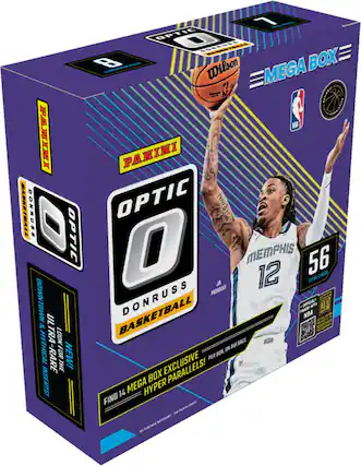 Sure, here is the corrected and grouped text from the image:
---
**Panini Optic Donruss Basketball Mega Box**
- **Wilson**
- **Mega Box**
- **Optic 0**
- **Donruss Basketball**
- **Memphis 12**
- **56 Total Cards**
- **Find 14 Mega Box Exclusive Hyper Parallels!**
- **Ultra Look for the Mythical - Rare Inserts!**
- **Official NBA Licensed**
- **14 Parallels!**
- **Per Box, on Average**
- **NBA**
- **NBA & Mythical Inserts**
- **New!**
- **Look for the Mythical - Rare Inserts!**
- **14 Mega Box Exclusive Hyper Parallels!**
- **Per Box, on Average**
---
