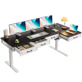 OffiGo - L Shaped Electric Standing Desk with Wooden Drawers, Height Adjustable Corner Sit Stand Workstation with Power Outlets - White+black