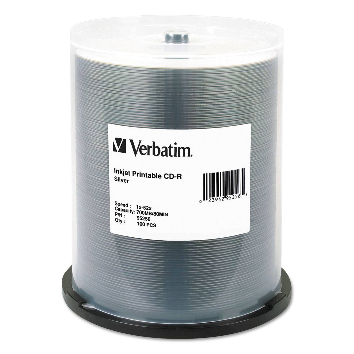 Verbatim  
Inkjet Printable CD-R  
Silver  
Speed: 1x-52x  
Capacity: 700MB/80MIN  
P/N: 95256  
Qty: 100 PCS  

Barcode: 0 23942 95256 5