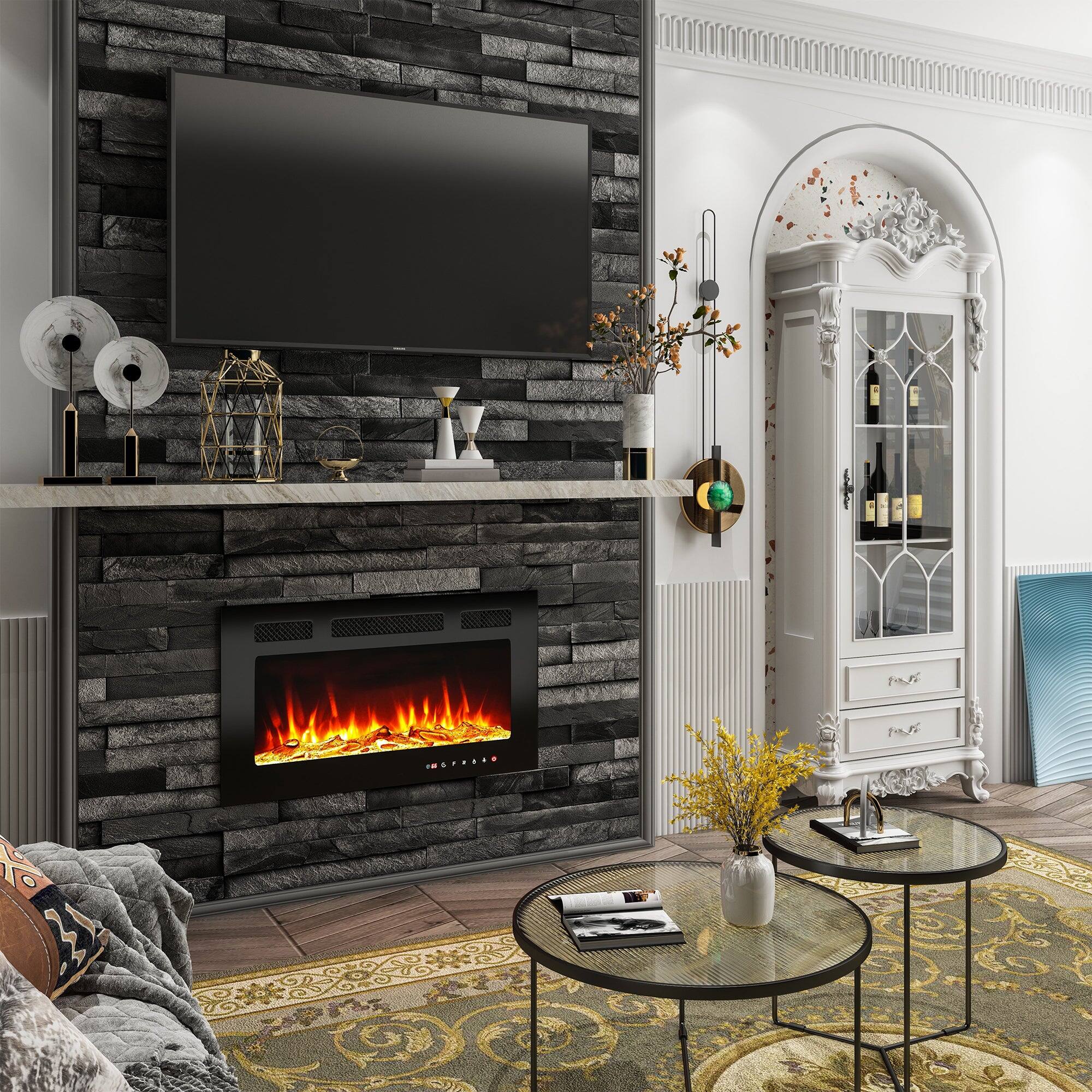Angle. Mondawe - 30" LED Recessed Electric Fireplace with 3 Light Colors Adjustable Heating and Touch Screen Control - Black.