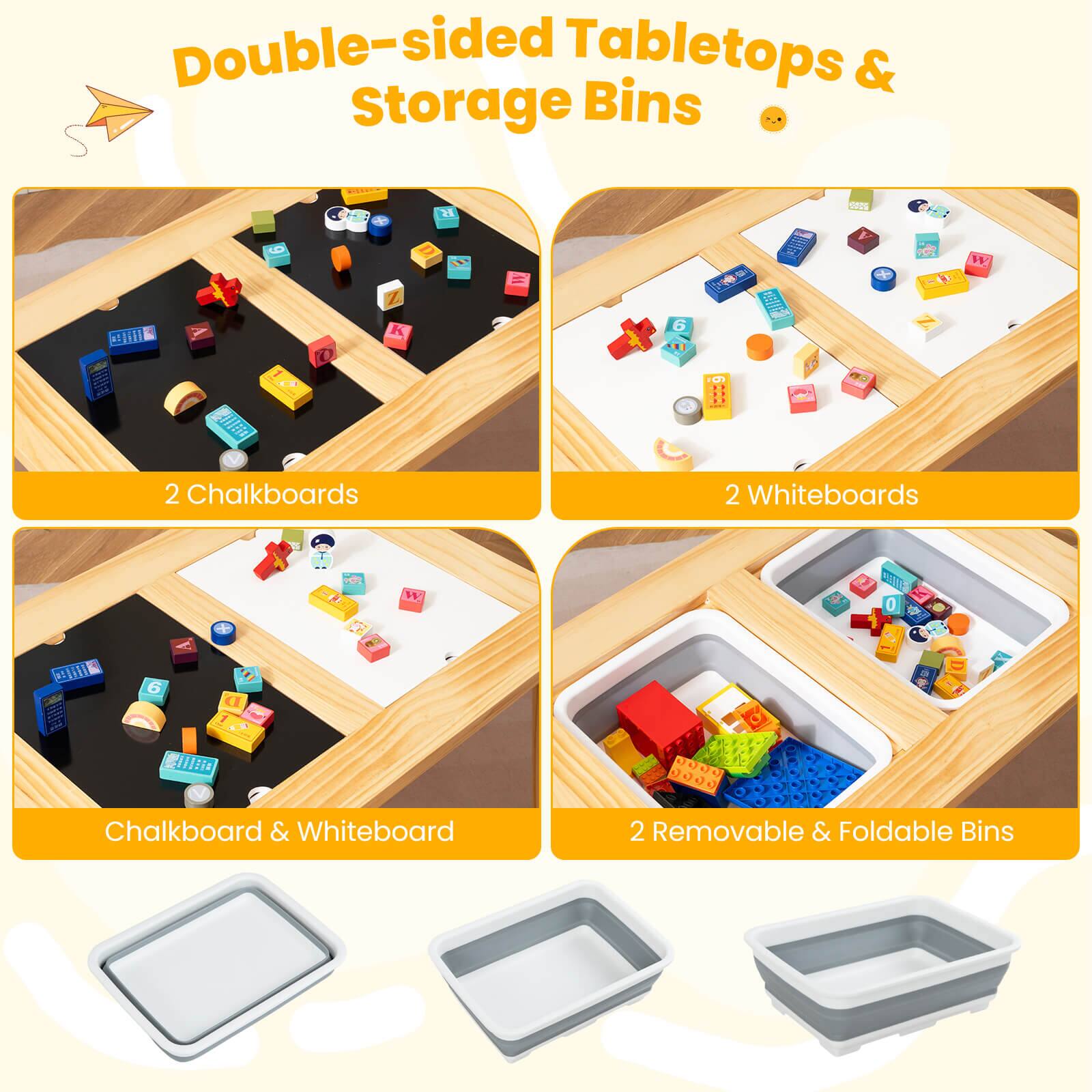 Double-sided Tabletops & Storage Bins

- 2 Chalkboards
- 2 Whiteboards
- Chalkboard & Whiteboard
- 2 Removable & Foldable Bins