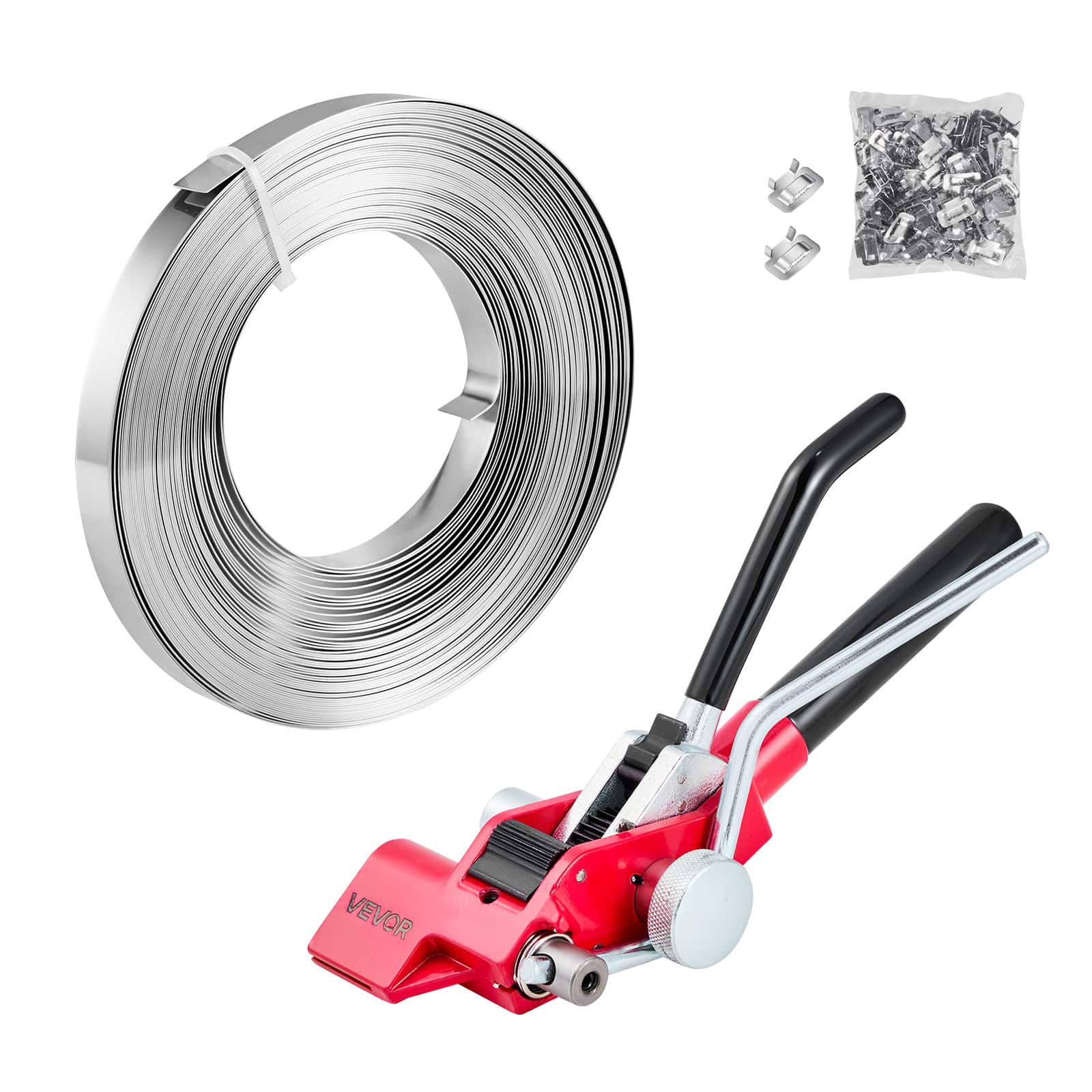 VEVOR - Steel Banding Strapping Kit, Heavy Duty Banding Sealer Tool with 100 ft Binding Straps, 100 Metal Clasps - Orange; Silver