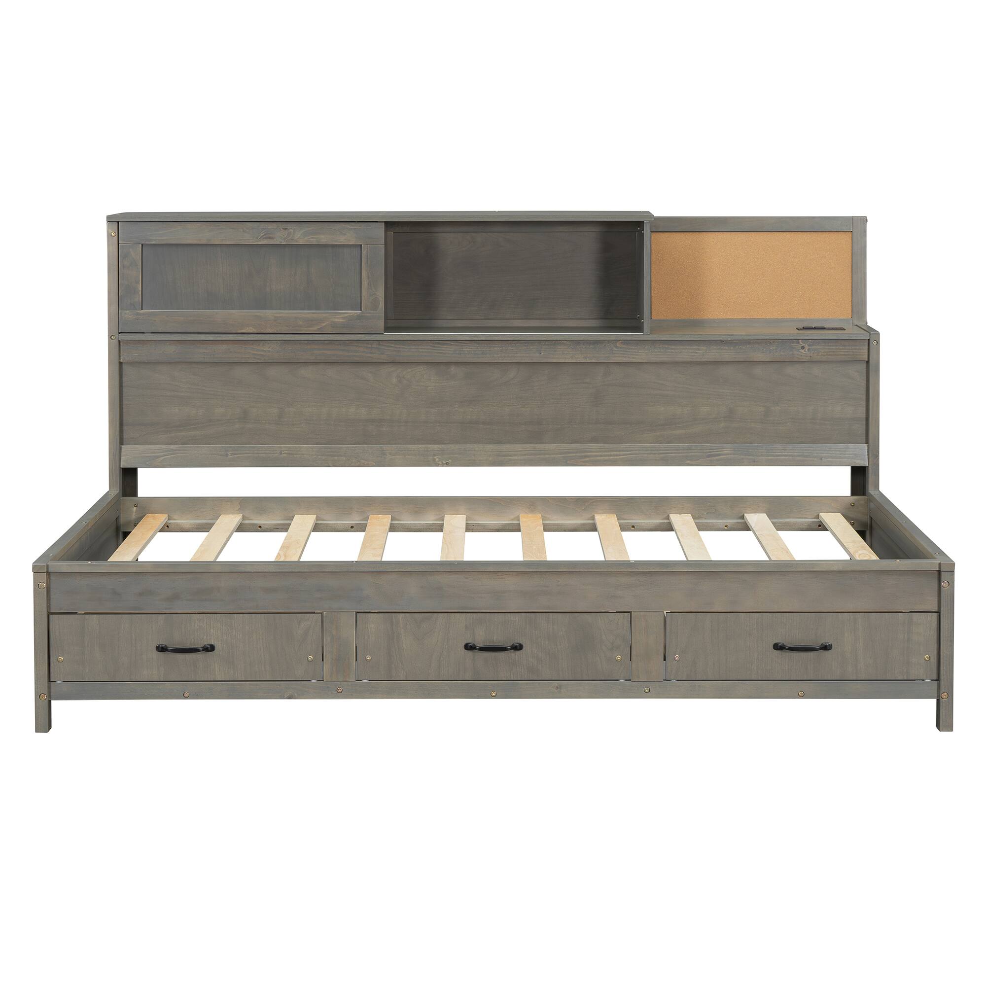 Left. Tiramisubest - Twin Size Wooden Daybed with 3 Storage Drawers, Upper Soft Board, shelf, and a set of Sockets and USB Ports, Gray - Gray.