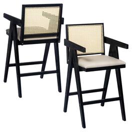 HTUTWOO - Bar Stools Set of 2, Wood Rattan Counter Height Chairs with PE Rattan Backrest and Fabric Padded Seat for Kitchen Island - Black