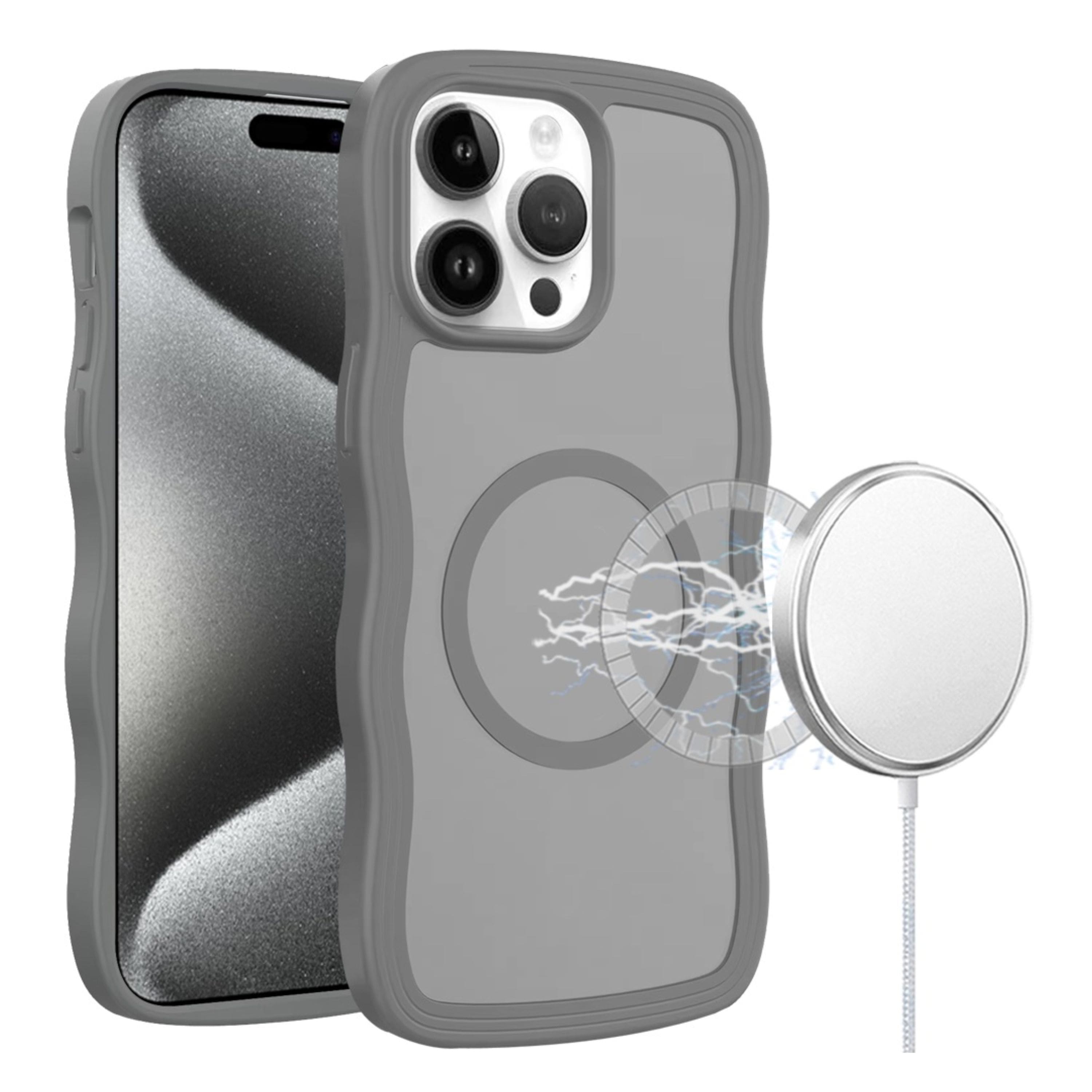 Kitcheniva - Wavy Side Grip Magnetic Circle Phone Case With 2 Pcs Tempered Glass For iPhone 15 Pro Max Grey - Gray
