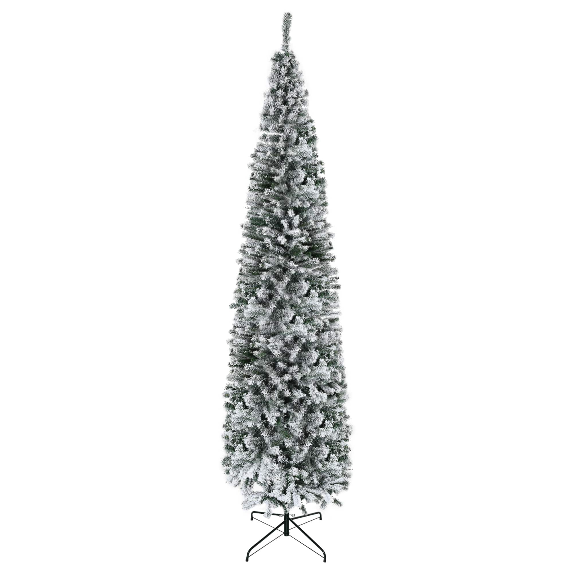 Homcom - 9' Tall Unlit Snow-Flocked Slim Artificial Christmas Tree with Realistic Branches and 1014 Tips - Green