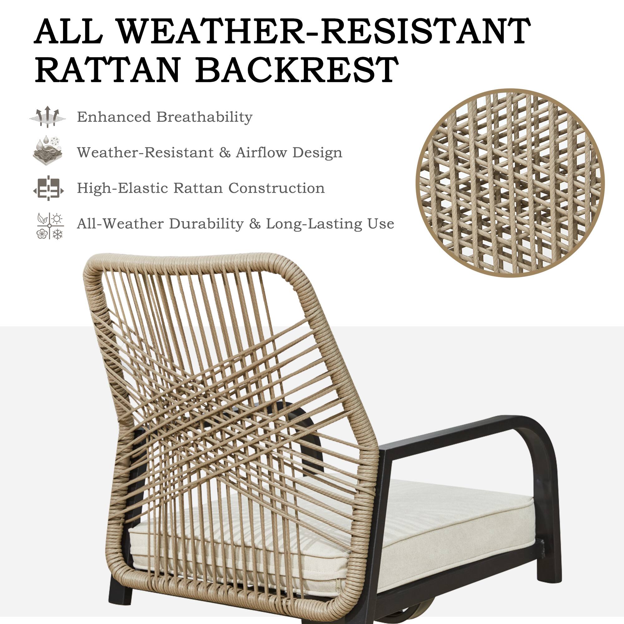 ALL WEATHER-RESISTANT RATTAN BACKREST

- Enhanced Breathability
- Weather-Resistant & Airflow Design
- High-Elastic Rattan Construction
- All-Weather Durability & Long-Lasting Use