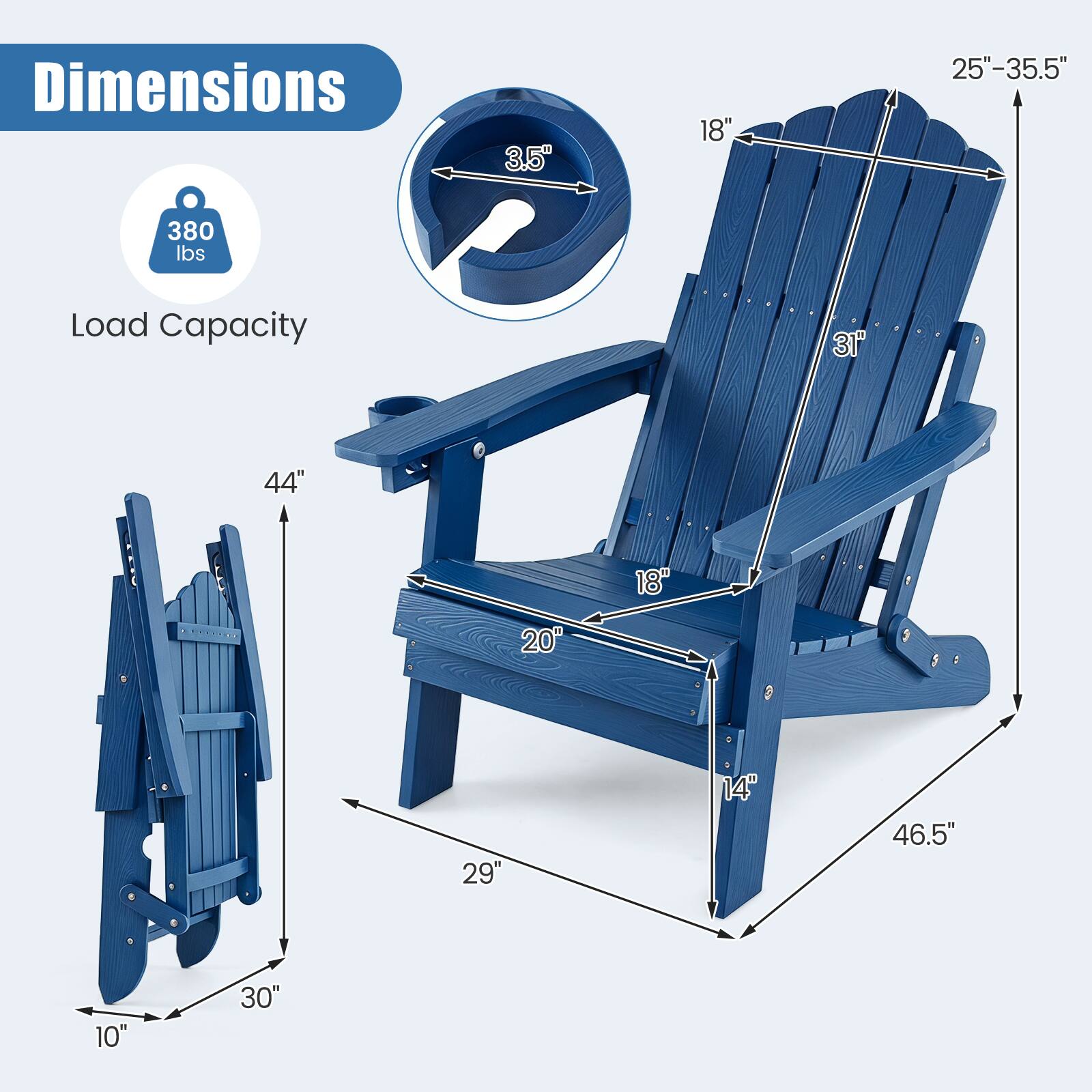 Dimensions: 3.5" x 18" x 25"-35.5"  
Load Capacity: 380 lbs  
Dimensions: 31" x 44" x 18" x 20" x 29" x 14" x 46.5" x 10" x 30"