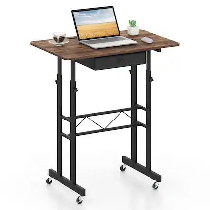 Front. Costway - Costway Standing Desk, Height Adjustable Laptop Desk with Fabric Drawer, Tablet Holder - Rustic Brown & Black.