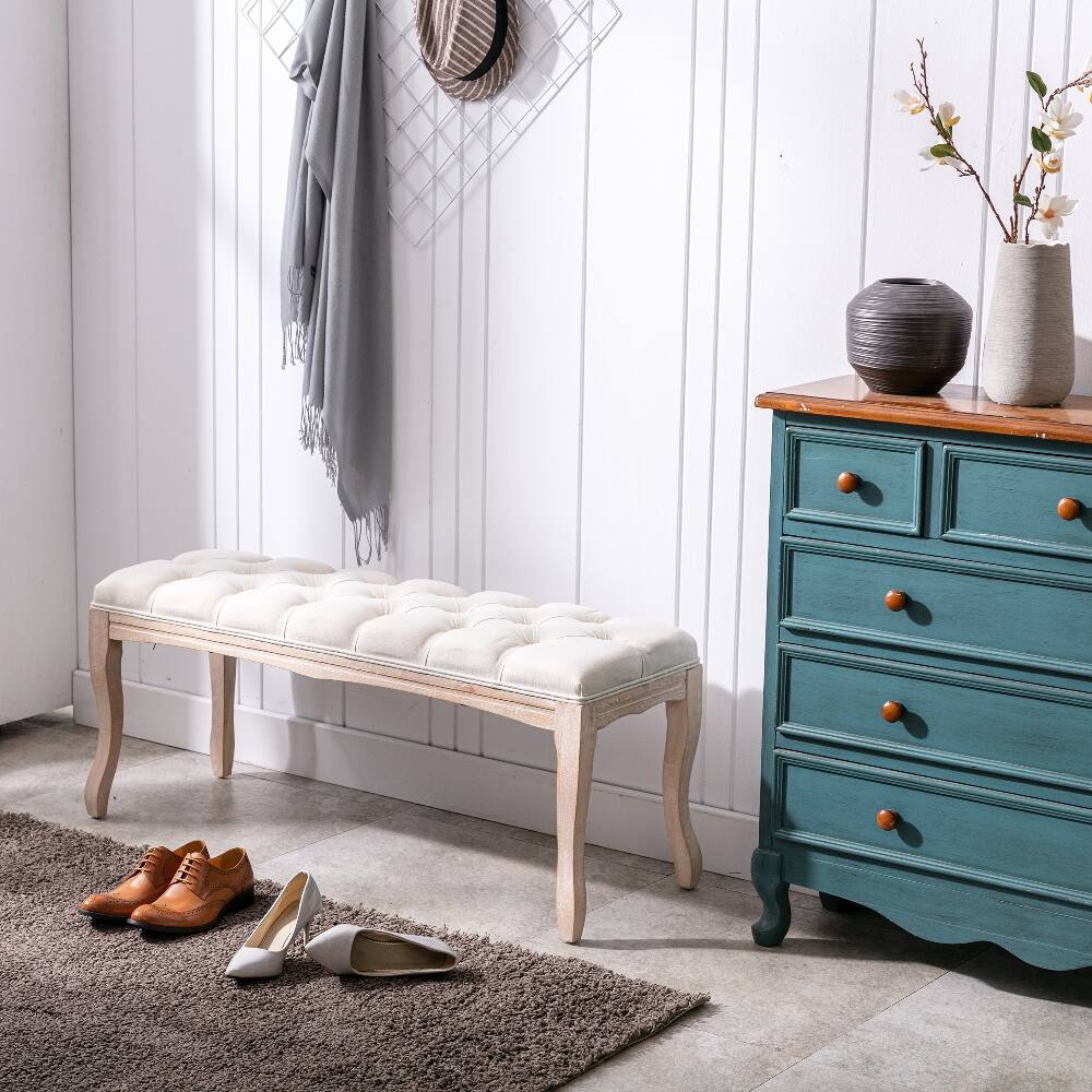 Alt View 10. Ropilly - Ropilly French Vintage Tufted Bedroom Bench, Upholstered Entryway End of Bed Ottoman Seat with Wood Legs, Beige - Beige.
