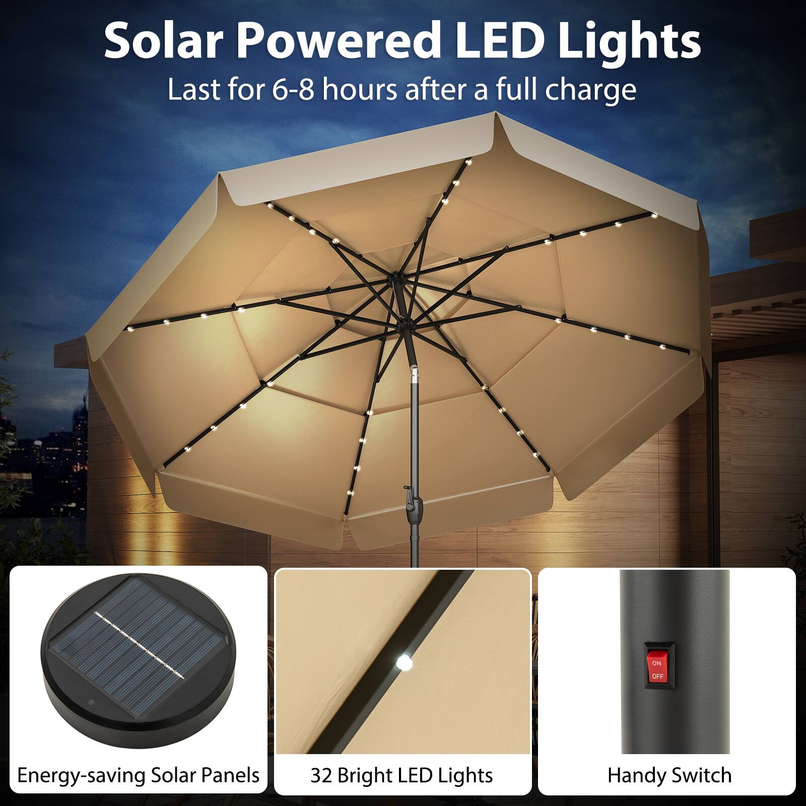 Solar Powered LED Lights
Last for 6-8 hours after a full charge

Energy-saving Solar Panels
32 Bright LED Lights
Handy Switch