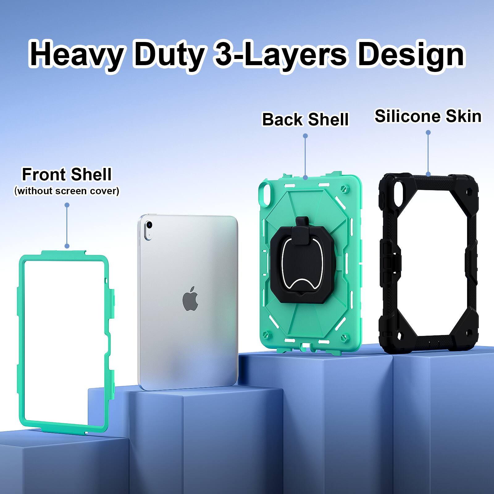 Heavy Duty 3-Layers Design  
Back Shell  
Silicone Skin  
Front Shell (without screen cover)