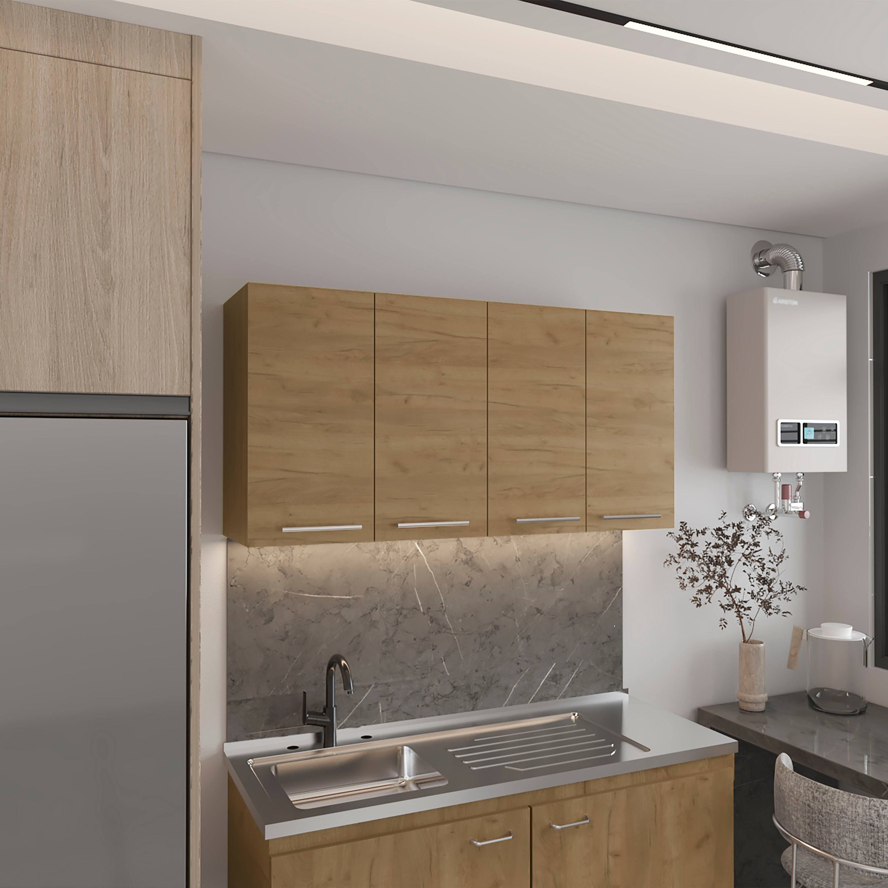 Angle. TuHome - Tuhome 120 Wall Cabinet, Four Doors, Two Cabinets, Two Shelves, Natural Oak - Beige.