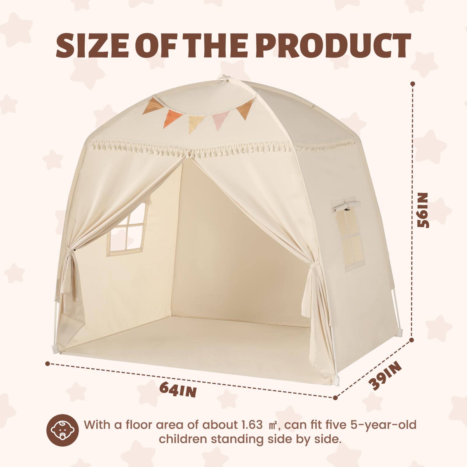 SIZE OF THE PRODUCT

56IN  
64IN  
39IN

With a floor area of about 1.63 m², can fit five 5-year-old children standing side by side.