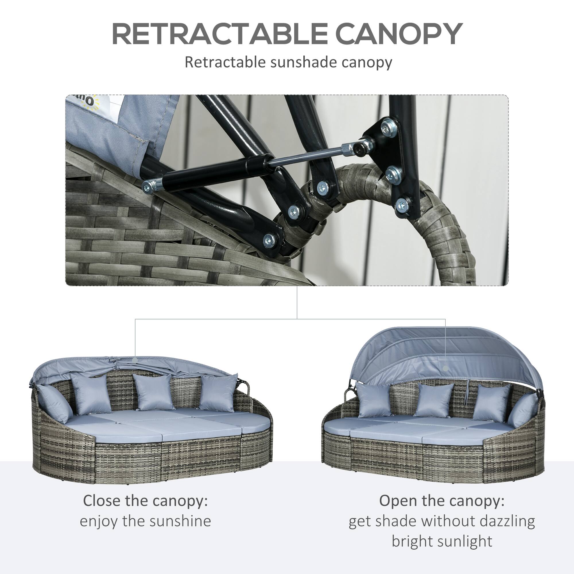 RETRACTABLE CANOPY  
Retractable sunshade canopy  

Close the canopy: enjoy the sunshine  

Open the canopy: get shade without dazzling bright sunlight