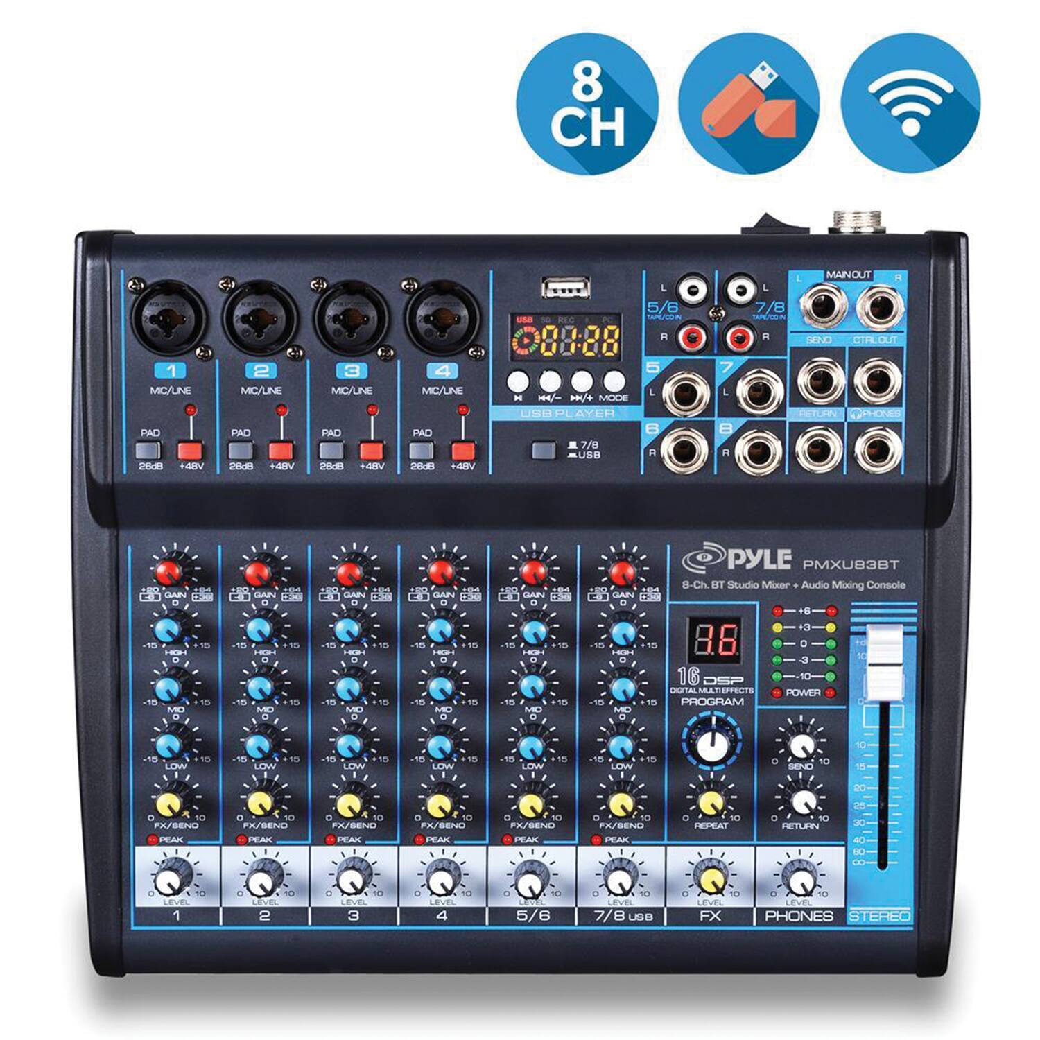 8-Channel Bluetooth Studio Mixer - USB, DSP, Phantom Power, DJ/Studio Use - Thumbnail 3