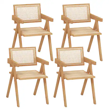 Front. Costway - Set of 4 Rattan Accent Chairs Mid Century Dining Armchair Bamboo Frame Kitchen - Natural.