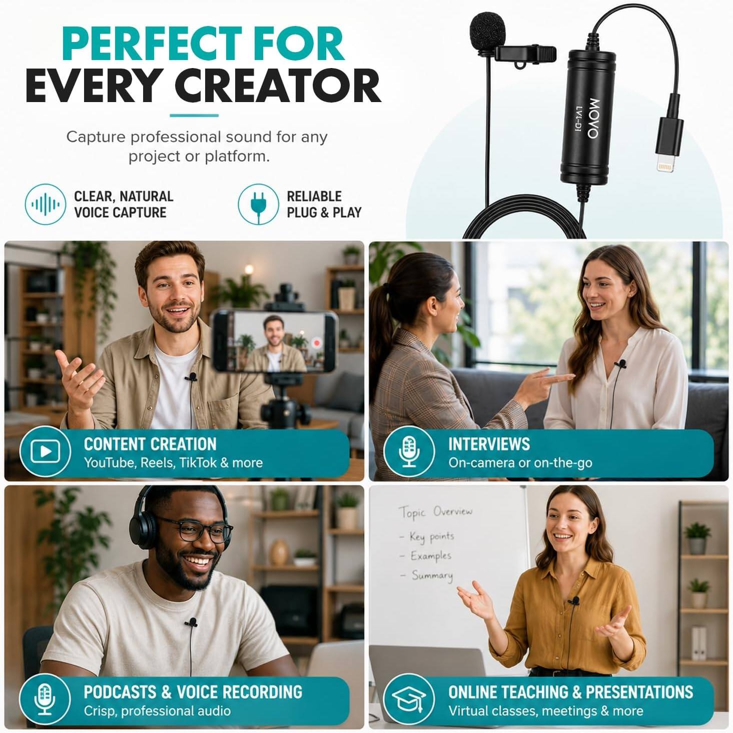 PERFECT FOR EVERY CREATOR

Capture professional sound for any project or platform.

- CLEAR, NATURAL VOICE CAPTURE
- RELIABLE PLUG & PLAY

CONTENT CREATION
YouTube, Reels, TikTok & more

INTERVIEWS
On-camera or on-the-go

PODCASTS & VOICE RECORDING
Crisp, professional audio

ONLINE TEACHING & PRESENTATIONS
Virtual classes, meetings & more

Topic Overview
- Key points
- Examples
- Summary