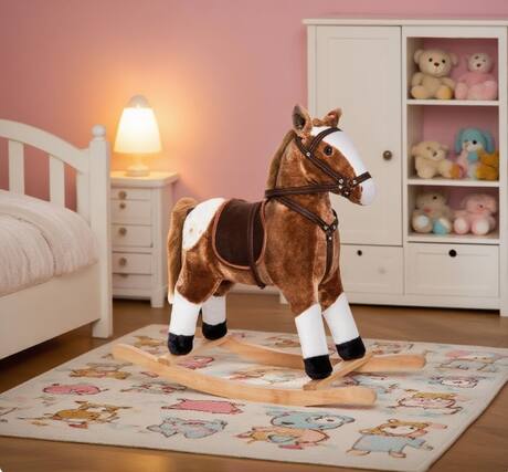 Front. Siljoy - Classic Plush Rocking Horse with Sound, Metal Frame, 110 lb Capacity, for Ages 3+ - Brown.