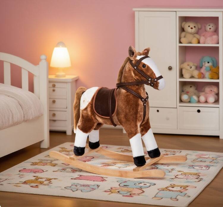Siljoy - Classic Plush Rocking Horse with Sound, Metal Frame, 110 lb Capacity, for Ages 3+ - Brown