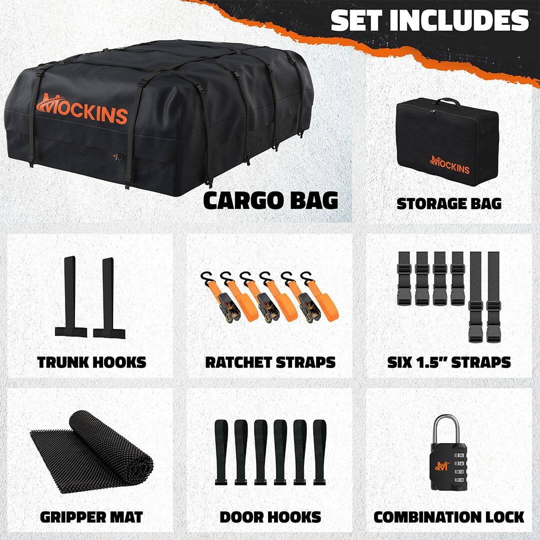 SET INCLUDES  
CARGO BAG  
STORAGE BAG  
TRUNK HOOKS  
RATCHET STRAPS  
SIX 1.5" STRAPS  
GRIPPER MAT  
DOOR HOOKS  
COMBINATION LOCK
